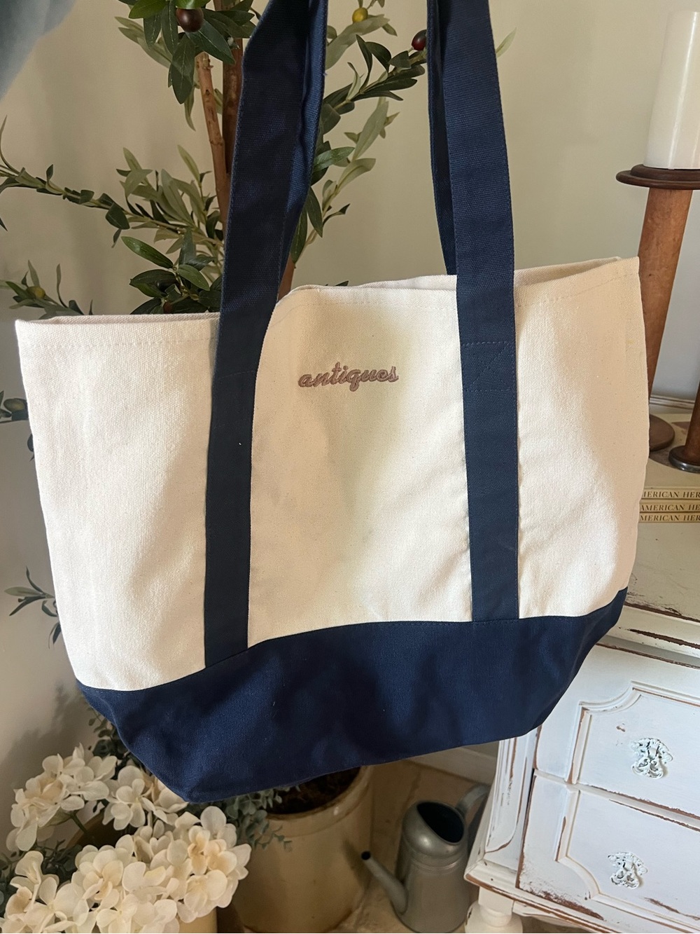 Canvas Tote Bag with Navy Trim - antiques Embroidery